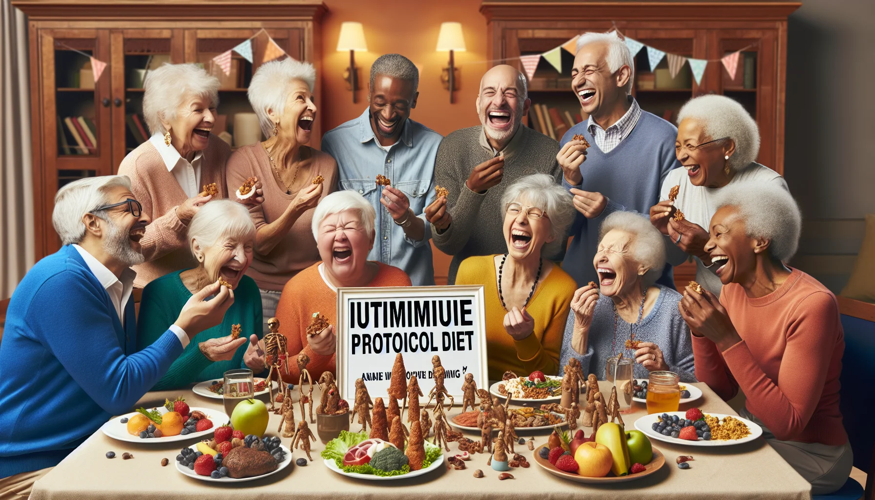 Imagine an amusing real-world scene related to the autoimmune protocol diet in an elderly setting. There's a lively group of senior citizens from varied descents: Caucasian, Hispanic, Middle Eastern, South Asian and Black. They are all gathered around a table engulfed with healthy delicacies prominent in the autoimmune protocol diet recommended by the Mayo Clinic. Each person is chuckling or chuckling at their own quirky attempts to use new-fangled dietary gadgets to prepare their meals. The background is set in a warmly lit, cozy senior center and everyone is exuding joy, showcasing that healthy eating isn't a chore but can be quite enjoyable.