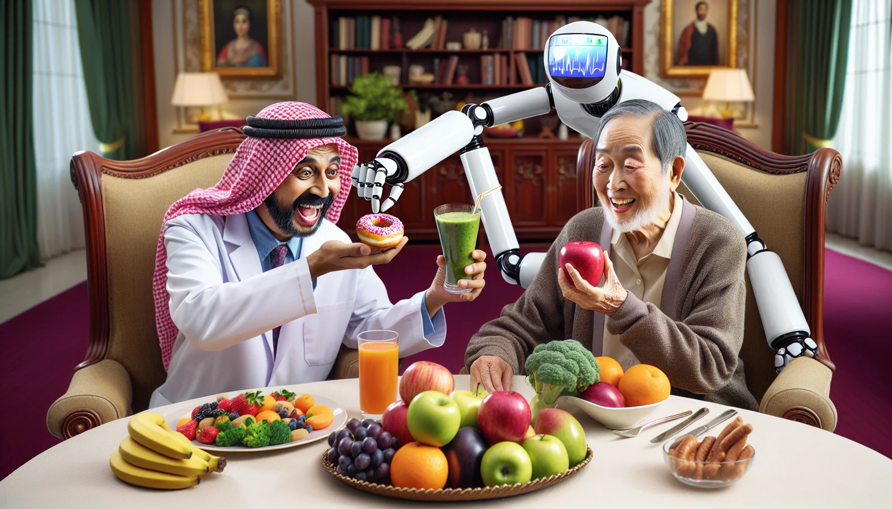 Create a humorous and realistic image of an elderly Middle-Eastern man and a South Asian woman both maintaining a healthy diet after heart surgery. They sit at a lavish dining table filled with colorful fruits and vegetables. To add a touch of comedy, the man attempts to sneak a donut from under the table, but a robotic arm, representing their health monitor, swiftly swoops in and replaces it with an apple. Meanwhile, the woman is cheerfully toasting with a glass of green smoothie. The scene embodies healthy living with a dash of humor.
