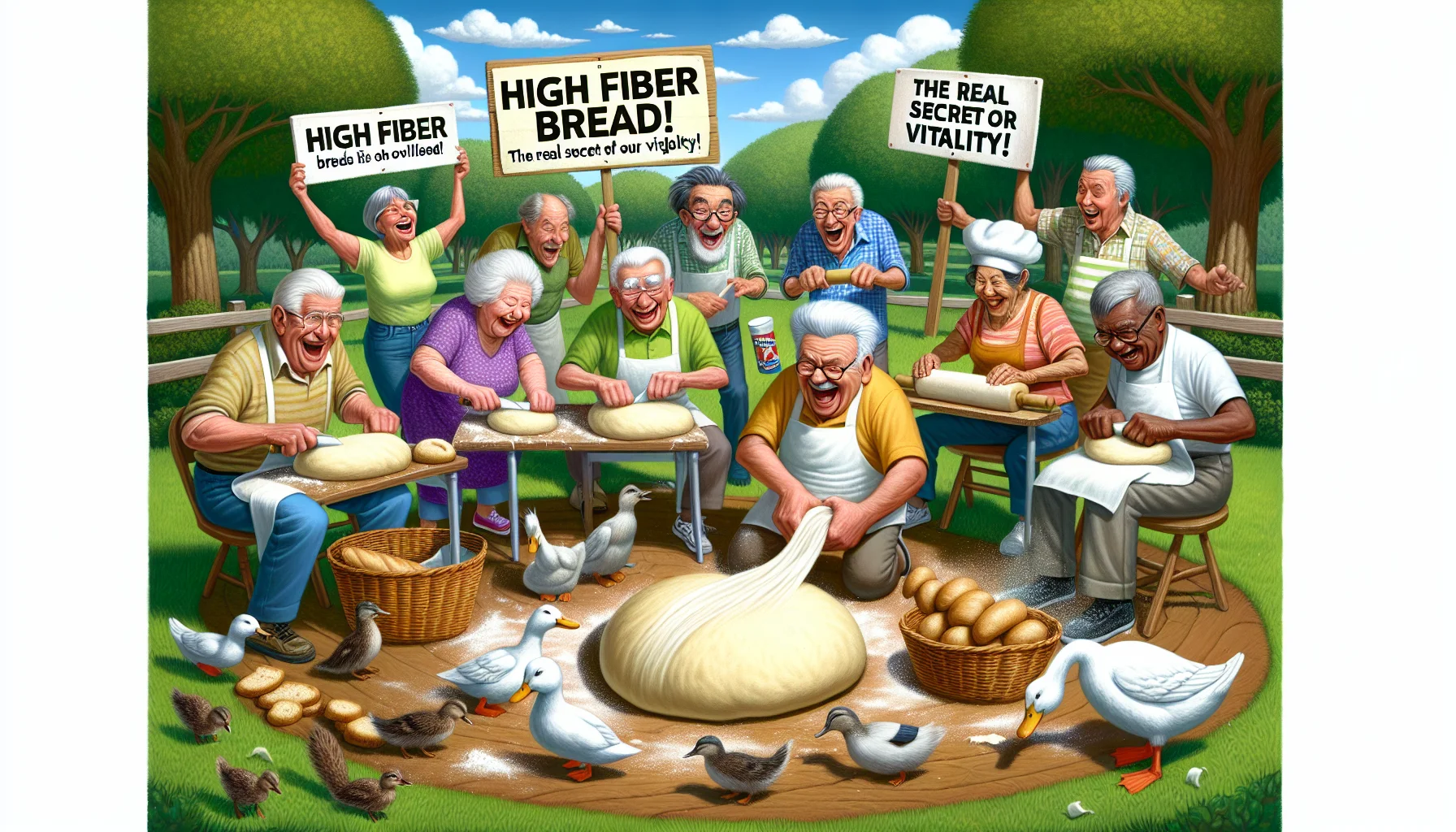 Create a humorous, realistic picture that underlines the concept of high fiber in bread. Picture a lively scene in a community park, where a group of elderly people, including Caucasian, African, Hispanic, and Asian men and women are engaged in a bread-making competition. They're laughing and kneading dough with evident glee. There are huge signs around them stating 'High Fiber Bread – The Real Secret to Our Vitality!’ There are ducks around pecking at breadcrumbs, and squirrels are nibbling at crumbs too. Make sure to include a background with lush trees and a clear, sunny sky.