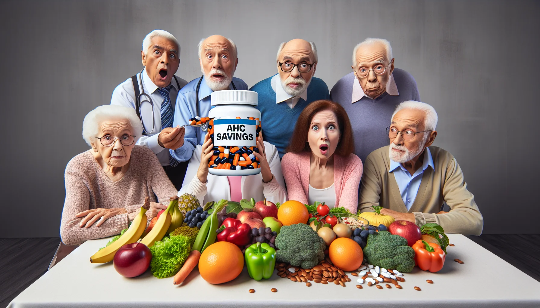 Create a humorous, realistic scene involving elderly individuals from various descents such as Caucasian, Middle-Eastern, and South Asian. They're all sitting around a table filled with healthy food - an array of colorful fruits, vegetables, grains and lean proteins. One of them is holding a huge pill bottle labeled 'AHC Savings' instead of a medication bottle, hinting that healthy eating is the best medicine. The expressions of surprise and amusement on their faces reflecting the humorous context, thus creating a light-hearted wink towards the costs and benefits of maintaining a healthy diet in old age.