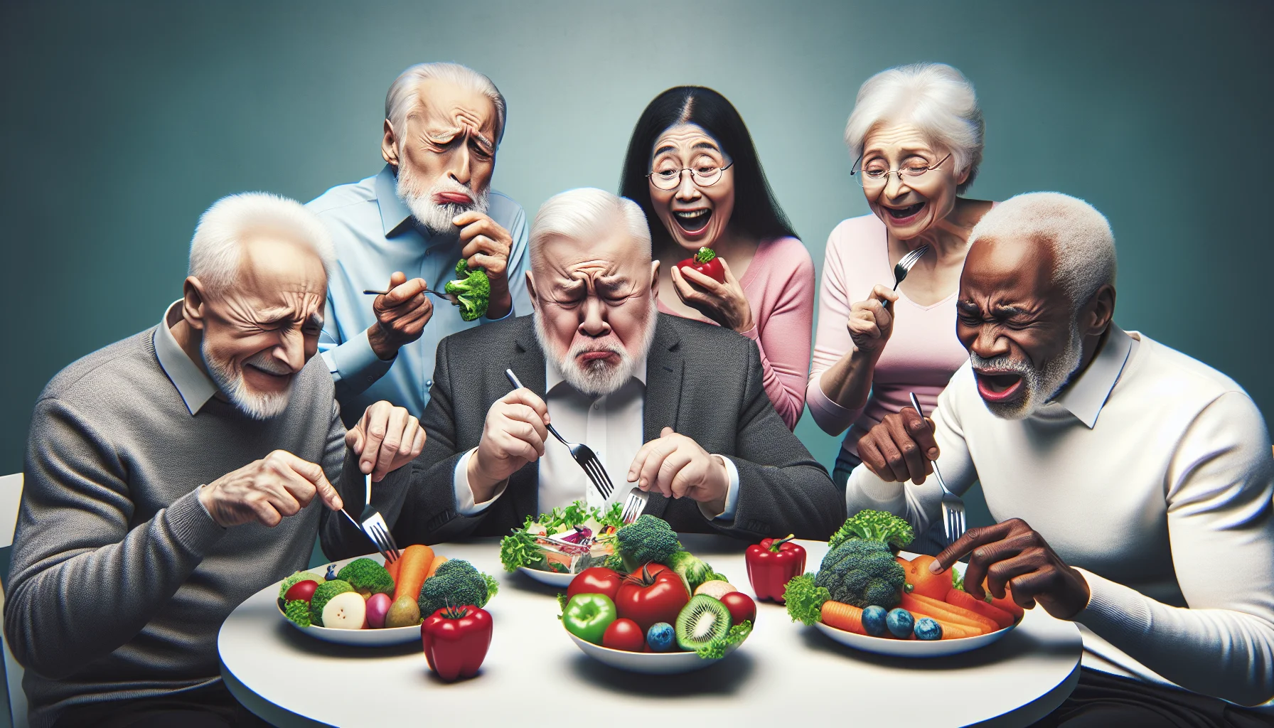 Craft an amusing and realistic image of a group of senior citizens embarking on their health journeys post a heart attack. Have them sitting around a round table, each holding a plate of colorful, nutritious foods. A Caucasian man might be squinting at a broccoli, South Asian woman may be cheerfully crunching a carrot, a black gentleman is digging into a vibrant salad, and a Hispanic lady is taking a playful bite of whole grain bread. Show their expressions reflecting surprise, enjoyment, and mild confusion over their new eating habit. Keep the ambiance light-hearted, hinting towards the humorous side of this drastic lifestyle change.