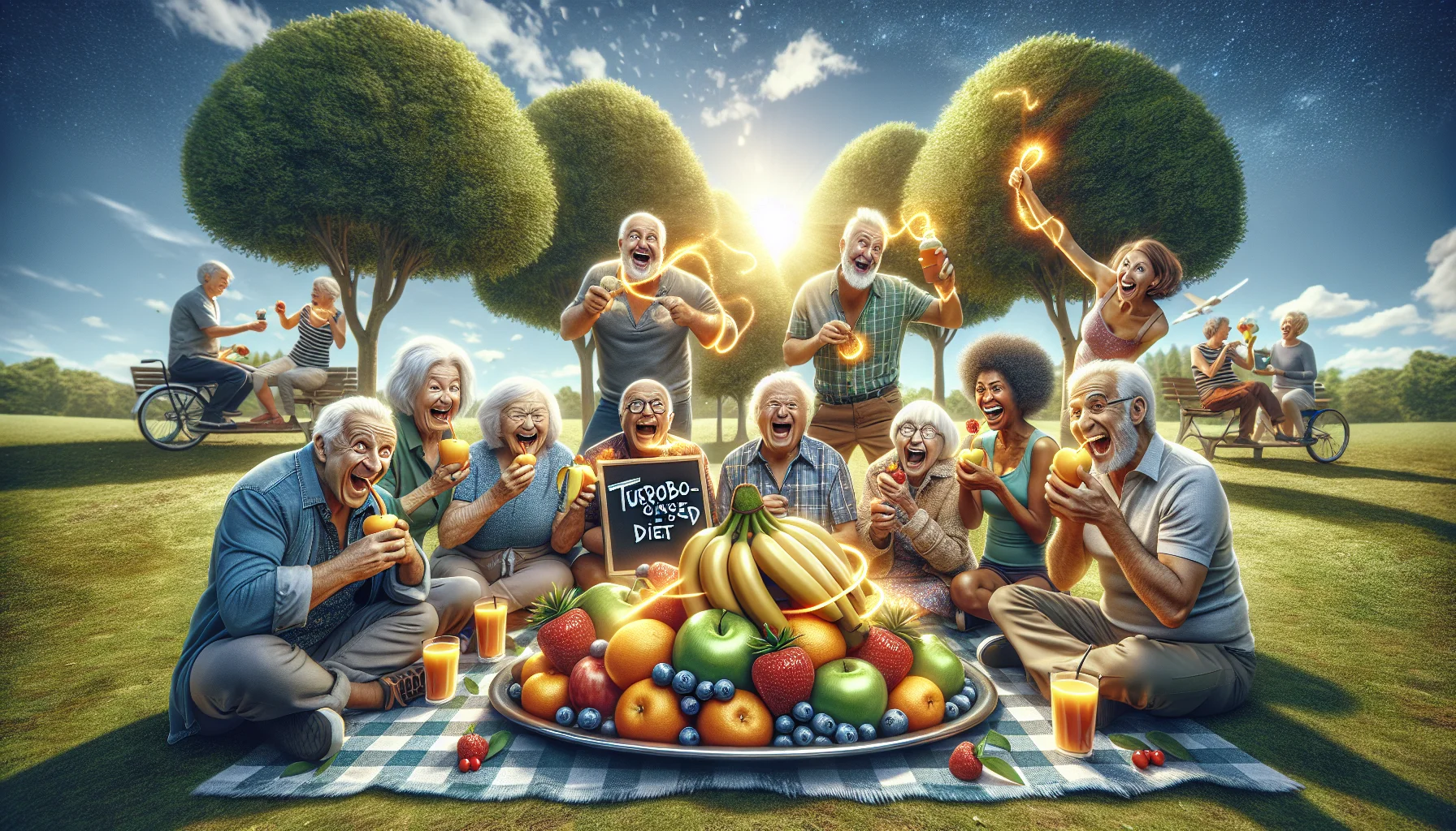 A humorous, realistic scene set in a sunny park where a group of joyful elderly people of different descents; including Caucasian, Black, Hispanic, Middle-Eastern, and South Asian are enjoying a variety of energy giving fruits like bananas, apples, blueberries, and oranges. They are laughing and jesting, some are sitting on picnic blankets, others on park benches. Their fruits are glowing dimly to symbolize their energy-boosting properties. A platter with a clever note that reads 'Turbo-charged Diet' is in the center of the group. Background trees and a dazzling sky complete the scene.
