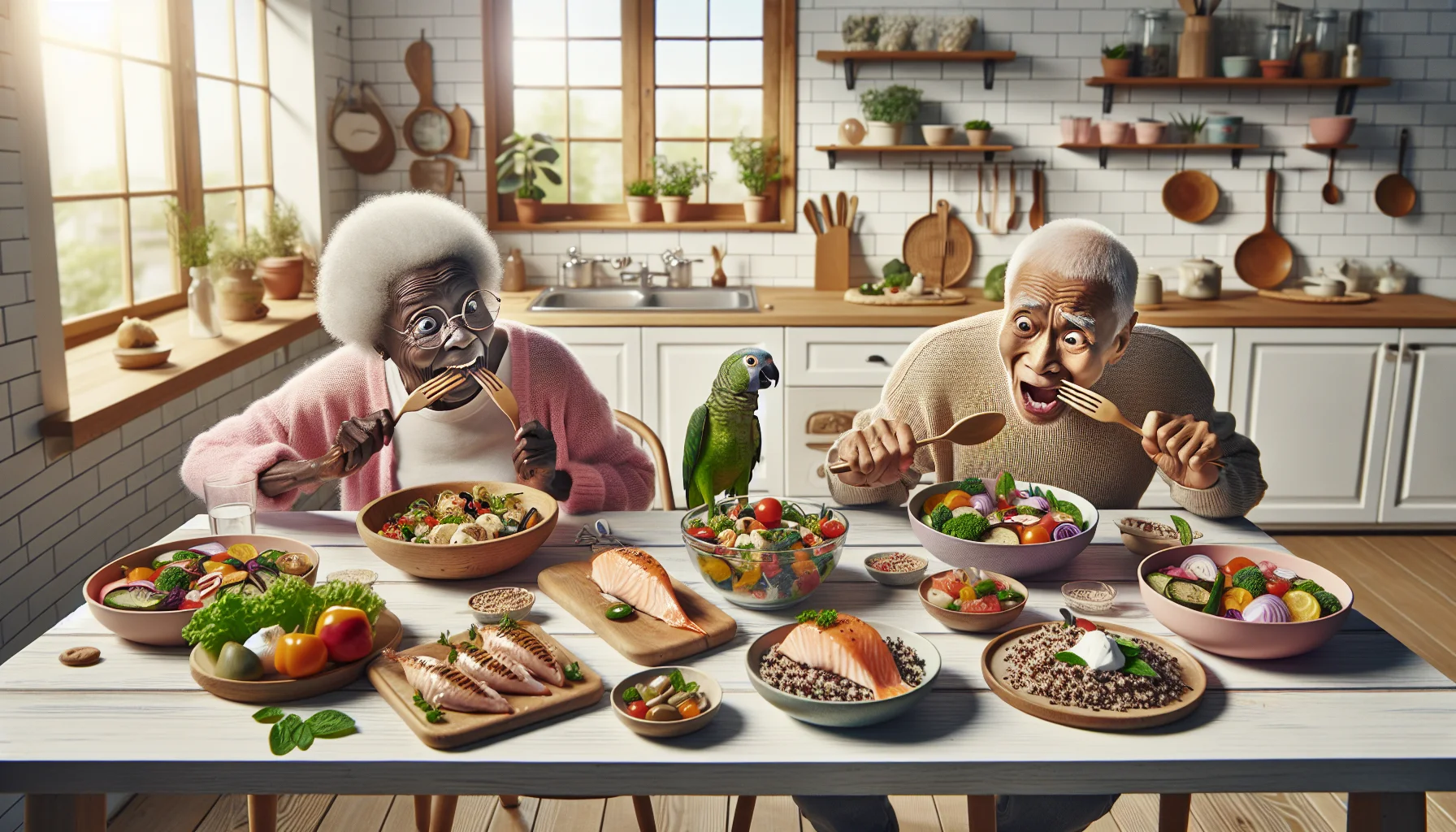 A comedic, realistic scene in an airy, sunlit kitchen. There are numerous dishes prepared from recipes by a popular online cooking website known for individual portion meals. On the table, there's a variety of colorful, healthy dishes like grilled vegetables, quinoa salad, and poached salmon. Two elderly people, one of African descent and the other of East Asian descent, who are clearly on a diet, are both attempting to eat their healthy dishes using oversized wooden cutlery, with quirky and exaggerated facial expressions. Meanwhile, a parrot, mimicking their dialogue about healthy eating, is sneakily helping itself to some of the food.