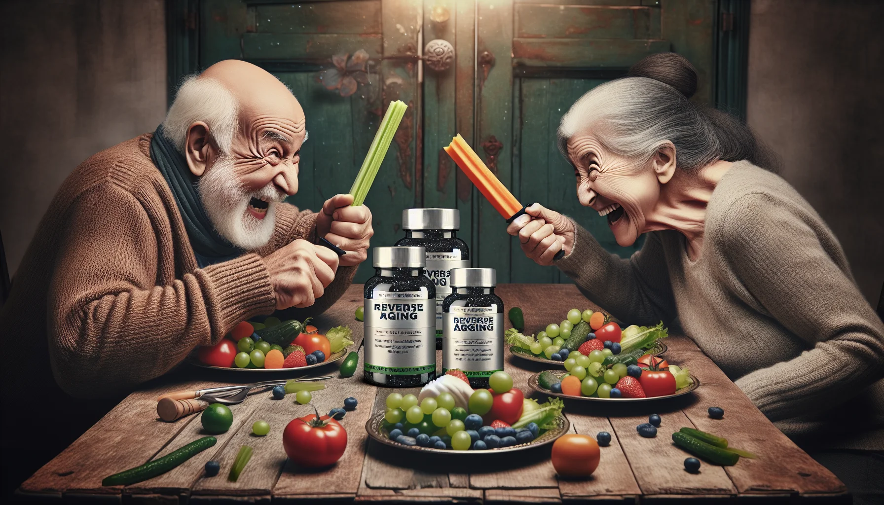 Visualize a humorous scenario where an elderly man and woman, of Hispanic and Middle-Eastern descent respectively, are sitting at a rustic dining table laden with plates of colorful, healthy food. The sparkling supplement bottles, labeled 'Reverse Aging', catch the light in the corner of the scene, as vibrant as the vegetables on the table. Despite their advanced age, they are engaged in a celery stick sword fight, doubling over with laughter. Their expressions are whimsical, and their eyes sparkle with youthful mischief, just as the bottles of supplements suggest they should.