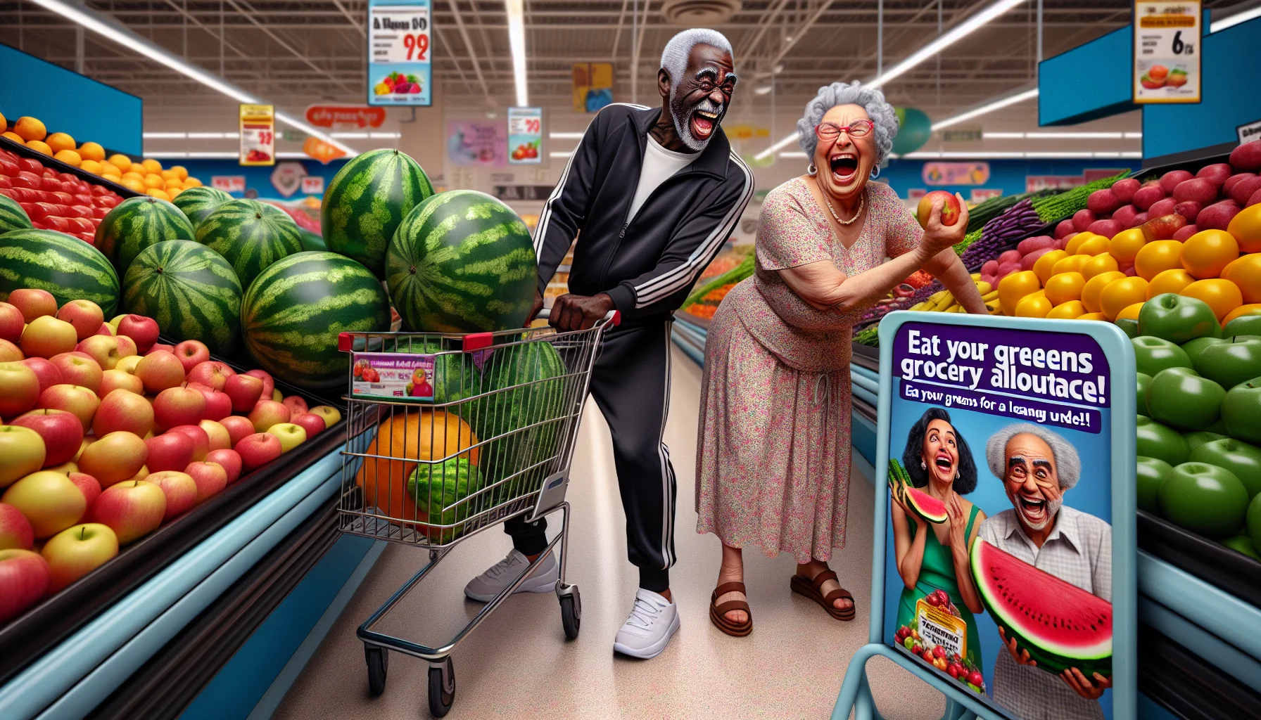 A humor-filled image portraying a Black elderly man and a Hispanic elderly woman in a supermarket. They are standing by a colorful section dedicated to fruits and vegetables, laughter in their eyes. The man, donned in a tracksuit, is placing a massive watermelon in his cart, while the woman, dressed in a floral dress, is juggling several apples. On the floor, there's a flyer showcasing 'Senior Grocery Allowance', picturing happy elderly people with a heap of vegetables and caption 'Eat your greens for a lean routine!'. The exaggerated expressions of the seniors make it an amusing scenario.