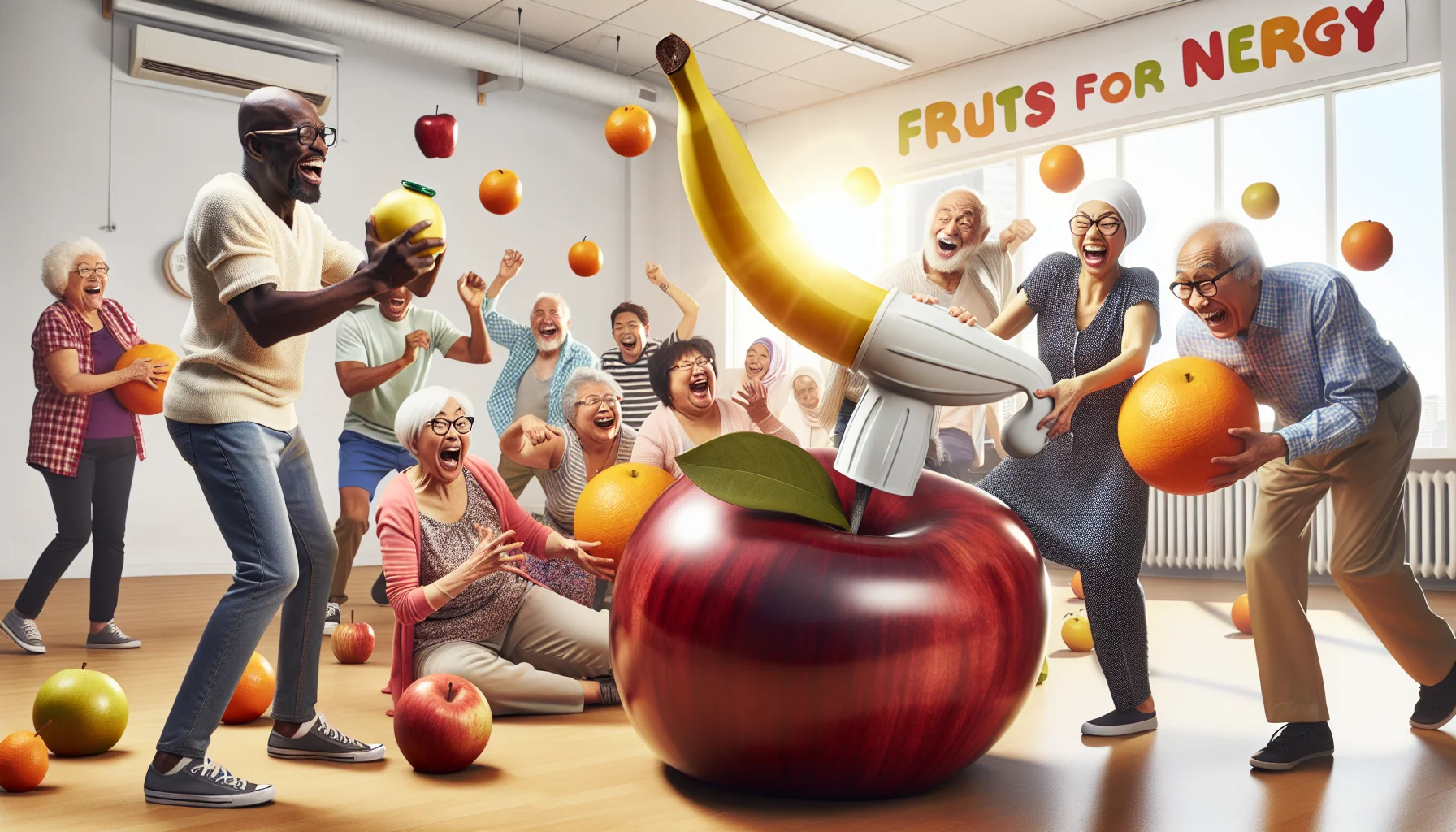 Imagine a humorously realistic scenario taking place in a bright, sunlit community center. In the scene, a group of lively elderly individuals of different descents including Middle-Eastern, Hispanic and Caucasian, are engaged in a fun 'Fruits for Energy' class. The instructor, an energetic South Asian woman, is enthusiastically showing them how to extract juice from an oversized, shiny apple using a comically large juicer. A Black male, with glasses on his forehead, is laughing hysterically as he struggles to hold a giant banana. A few others are juggling oranges, laughing and sharing stories about their old diets versus their new healthy eating habits.