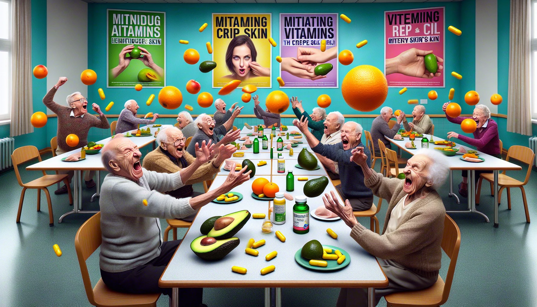 An amusing image, aiming for realism, showcasing the vital role vitamins play in mitigating crepey skin. Imagine a lively scene in a lively nursing home dining hall, where a group of elderly people are engaged in a light-hearted food fight. They're laughing as they playfully toss ripe avocados, plump oranges and capsules of fish oil on each table. Each of these food items symbolizes the various vitamins that are beneficial for the skin such as Vitamin E, C and Omega-3 fatty acids. The walls of the dining hall are adorned with brightly colored posters that promote the dietary importance of these items for healthy skin.
